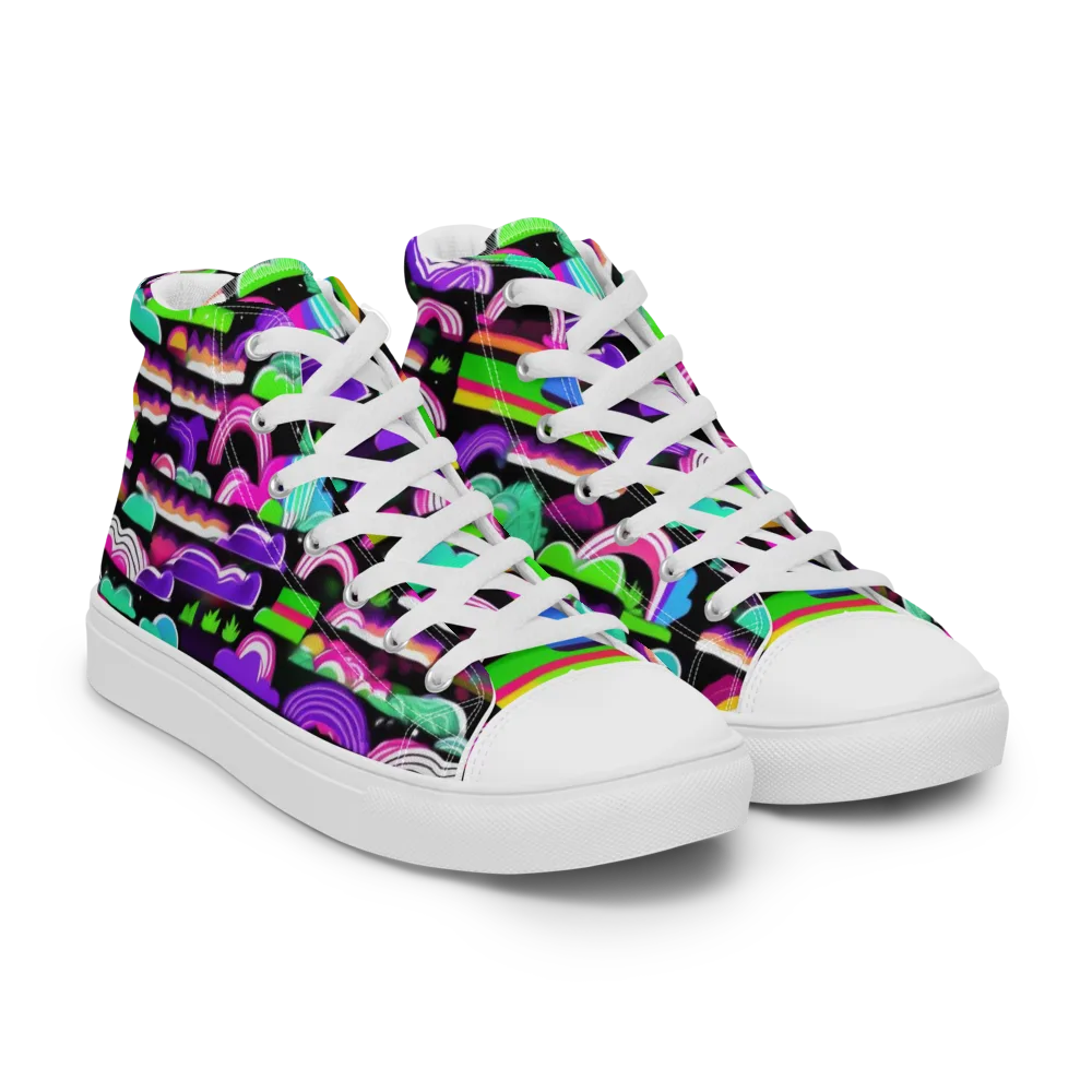 Neon Rainbow Static on Men's High Top Canvas Shoes — Right Front