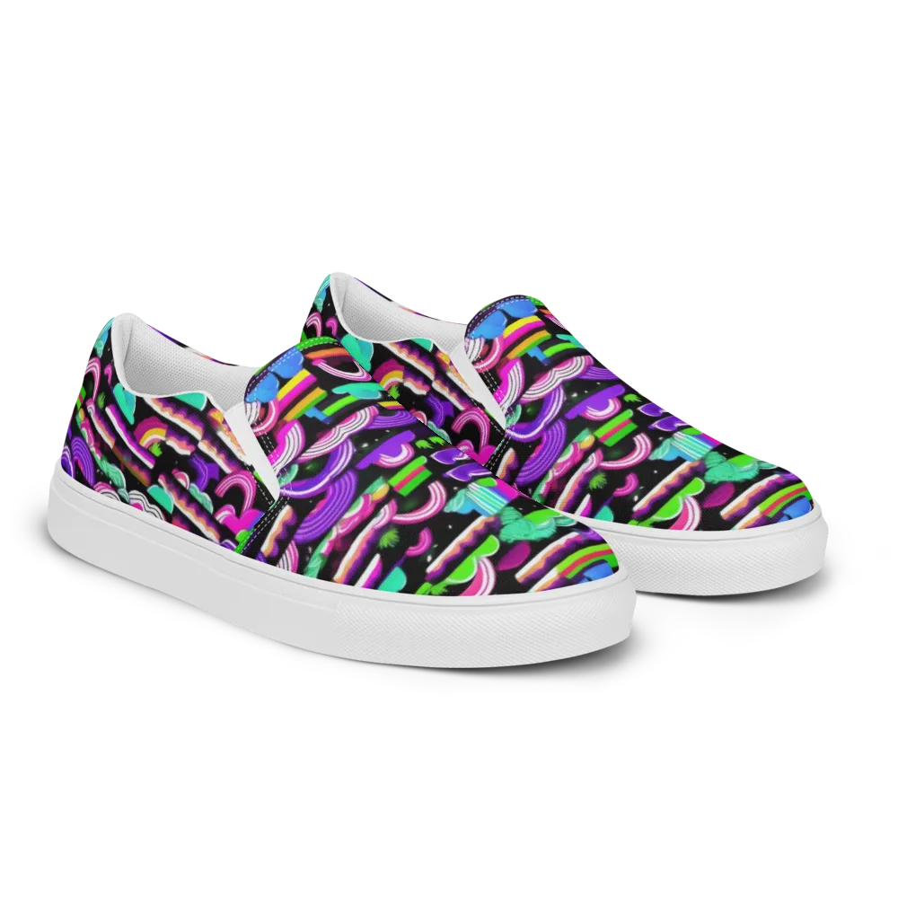 Neon Rainbow Static on Men's Slip-On Canvas Shoes — Right Front
