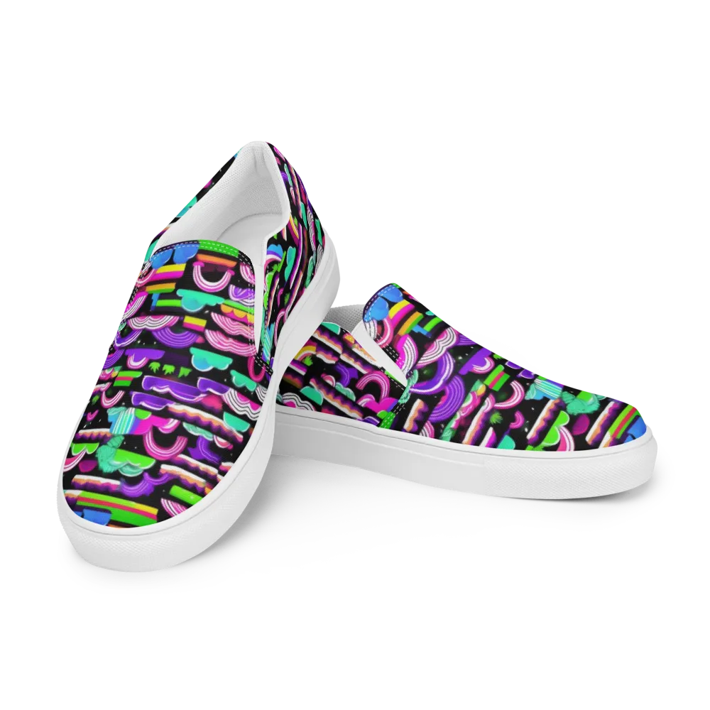 Neon Rainbow Static on Men's Slip-On Canvas Shoes — Left Front