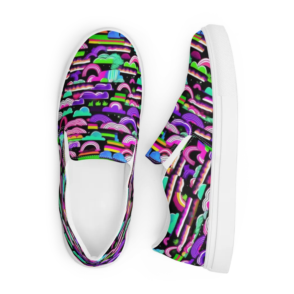 Neon Rainbow Static on Men's Slip-On Canvas Shoes — Front
