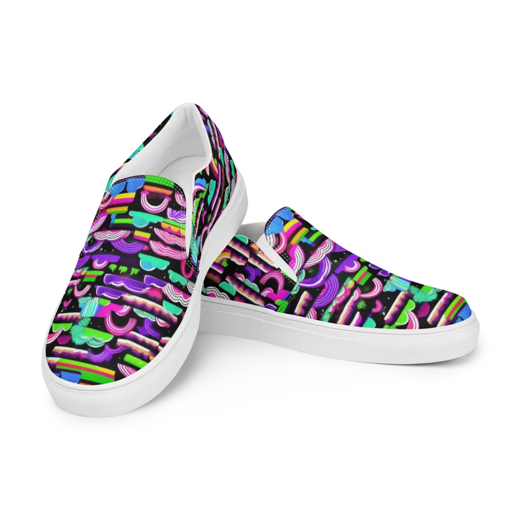 Neon Rainbow Static on Women's Slip-On Canvas Shoes — Left Front