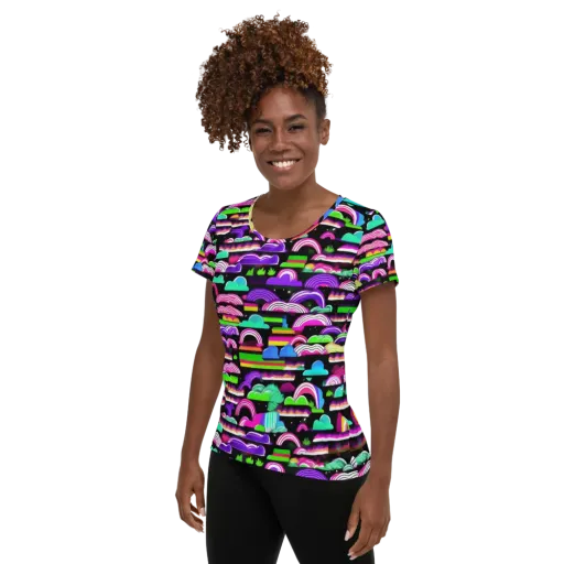 Neon Rainbow Static on a Women's Athletic T-Shirt