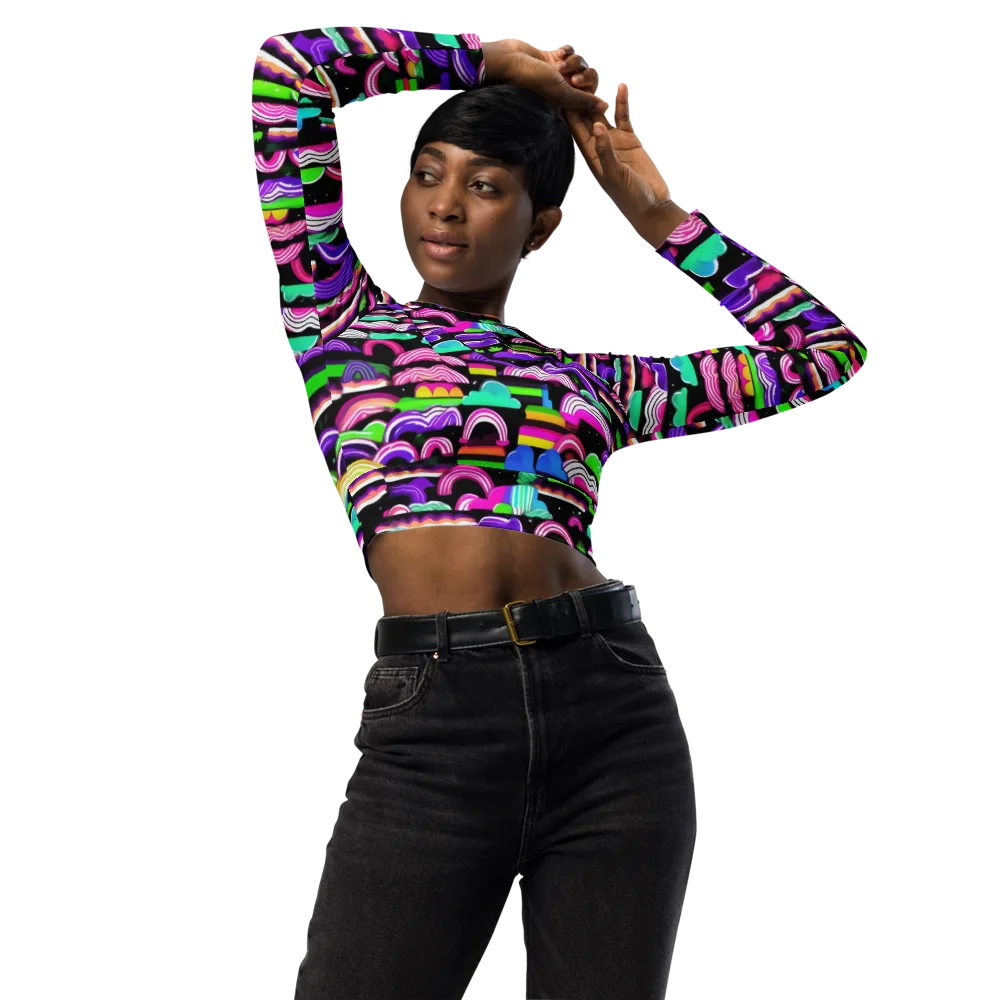 Neon Rainbow Static on Long Sleeve Crop Top — Front