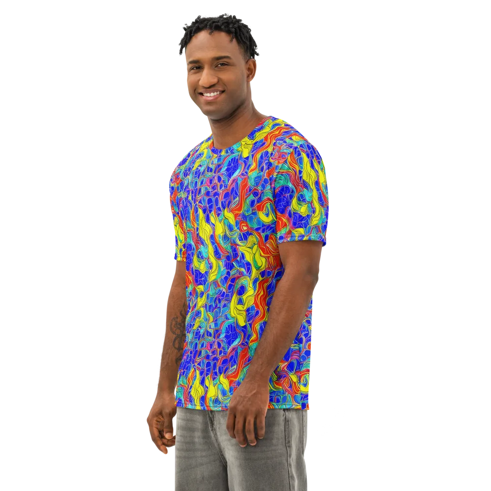 Blue Flame Maze on Men's Cotton Crew Neck T-Shirt — Left Front