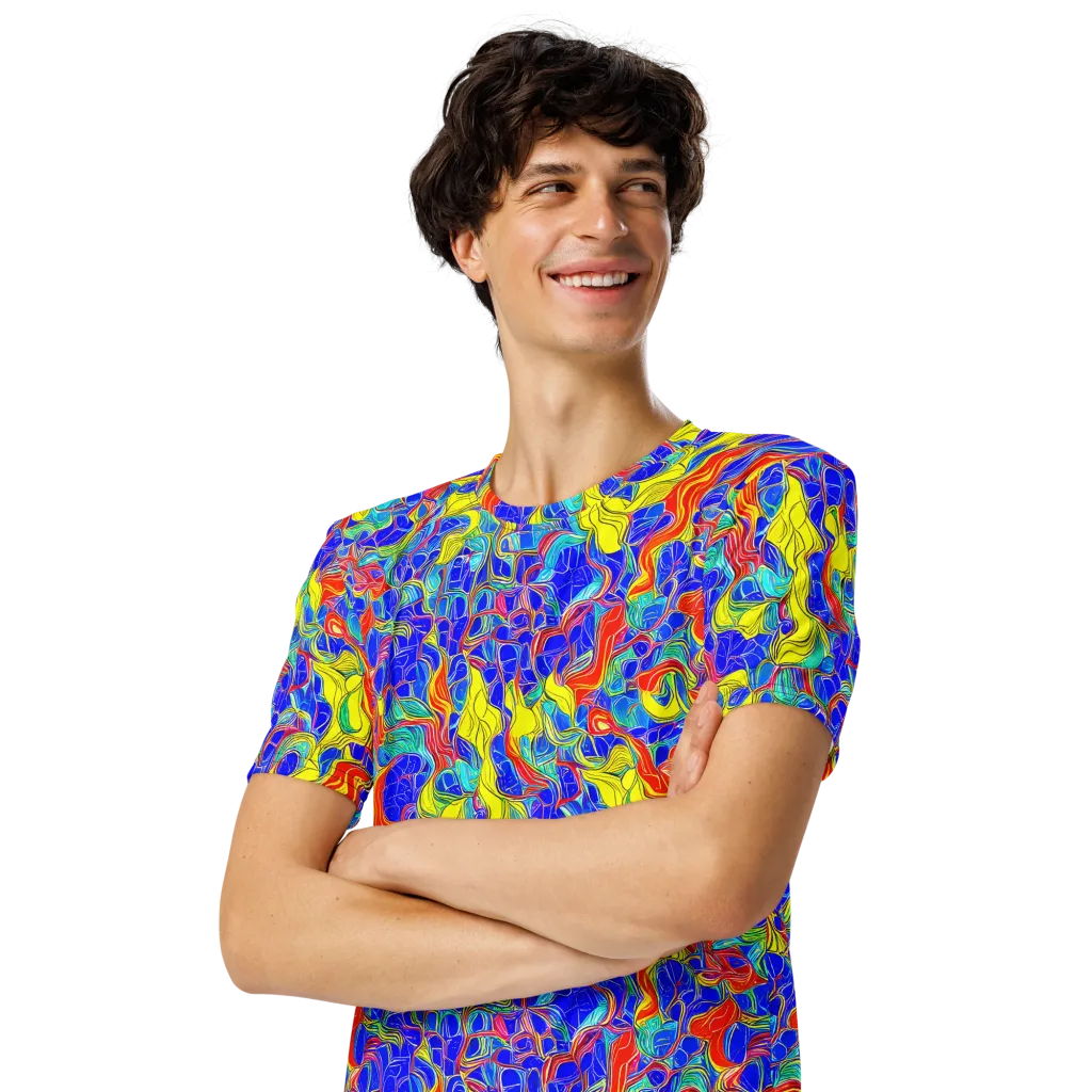 Blue Flame Maze on Men's Crew Neck T-Shirt — Left Front