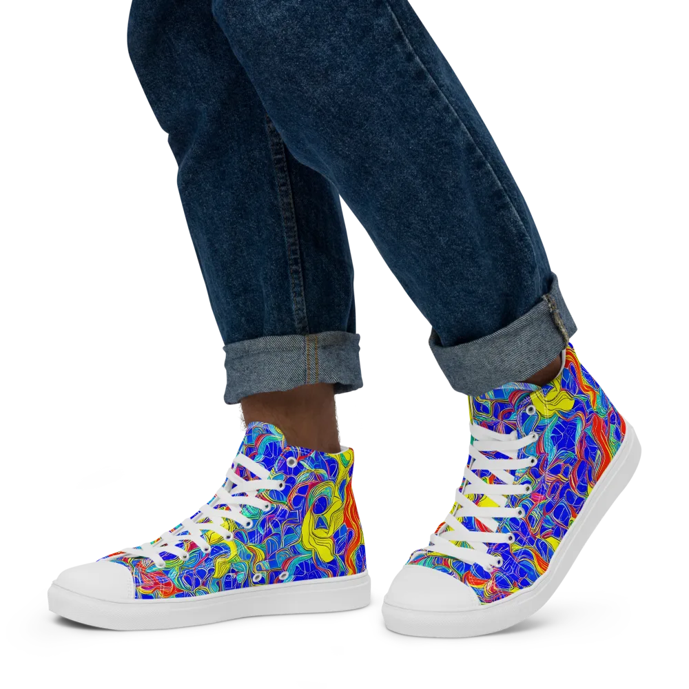 Blue Flame Maze on Men's High Top Canvas Shoes — Left