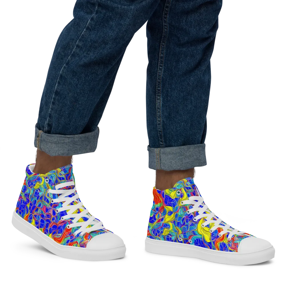Blue Flame Maze on Men's High Top Canvas Shoes — Right