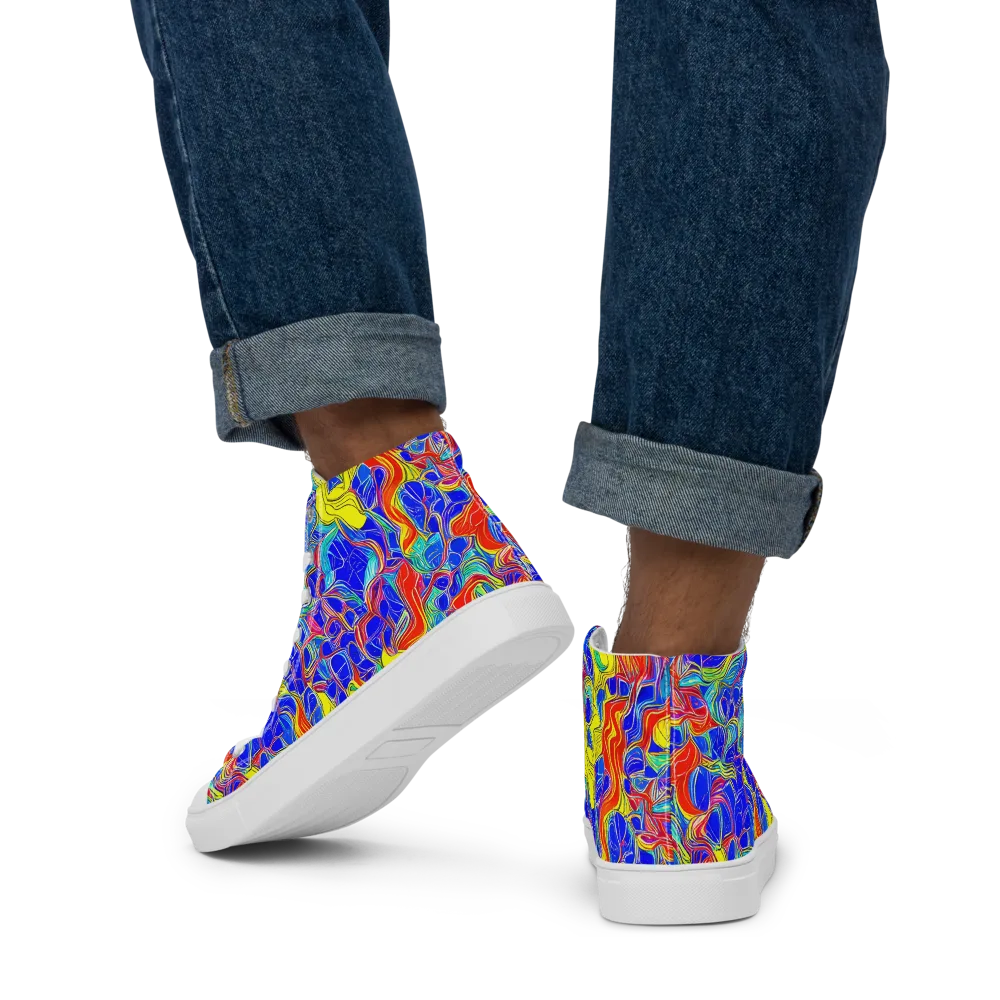 Blue Flame Maze on Men's High Top Canvas Shoes — Back