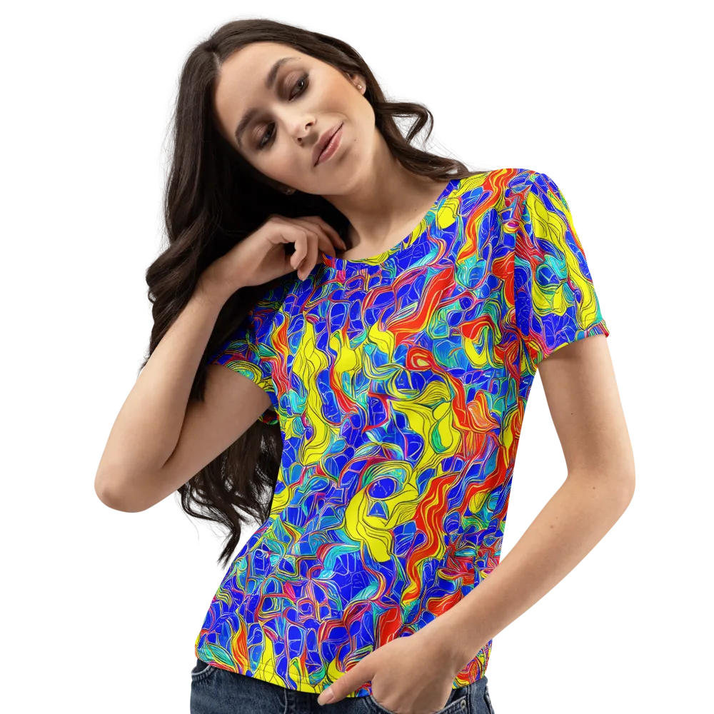 Blue Flame Maze on Women's Crew Neck T-Shirt — Left Front