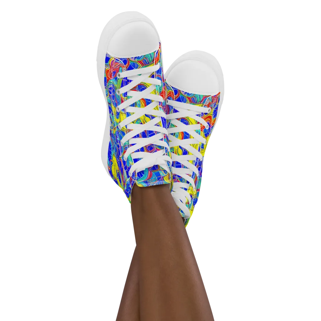 Blue Flame Maze on Women's High Top Canvas Shoes — Front