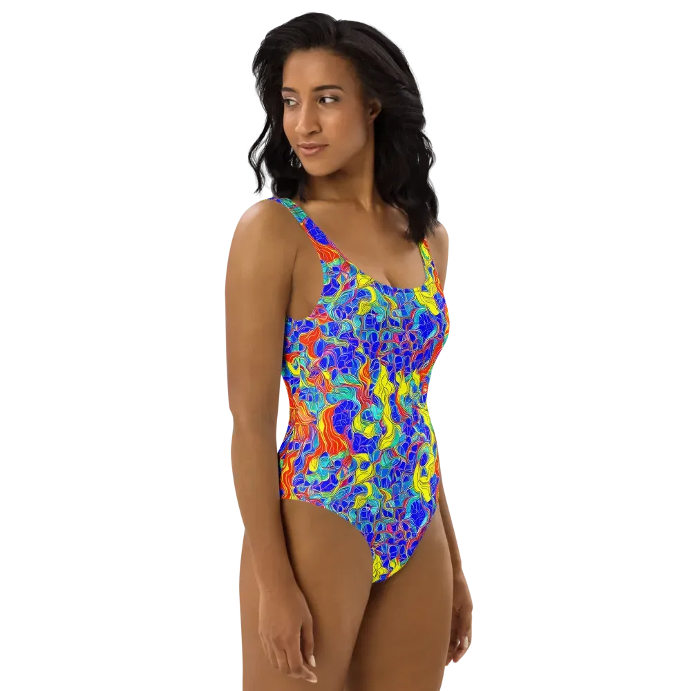 Blue Flame Maze on One-Piece Swimsuit — Right