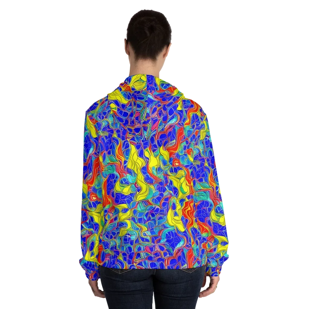 Blue Flame Maze on Women's Full-Zip Hoodie — Back On Person