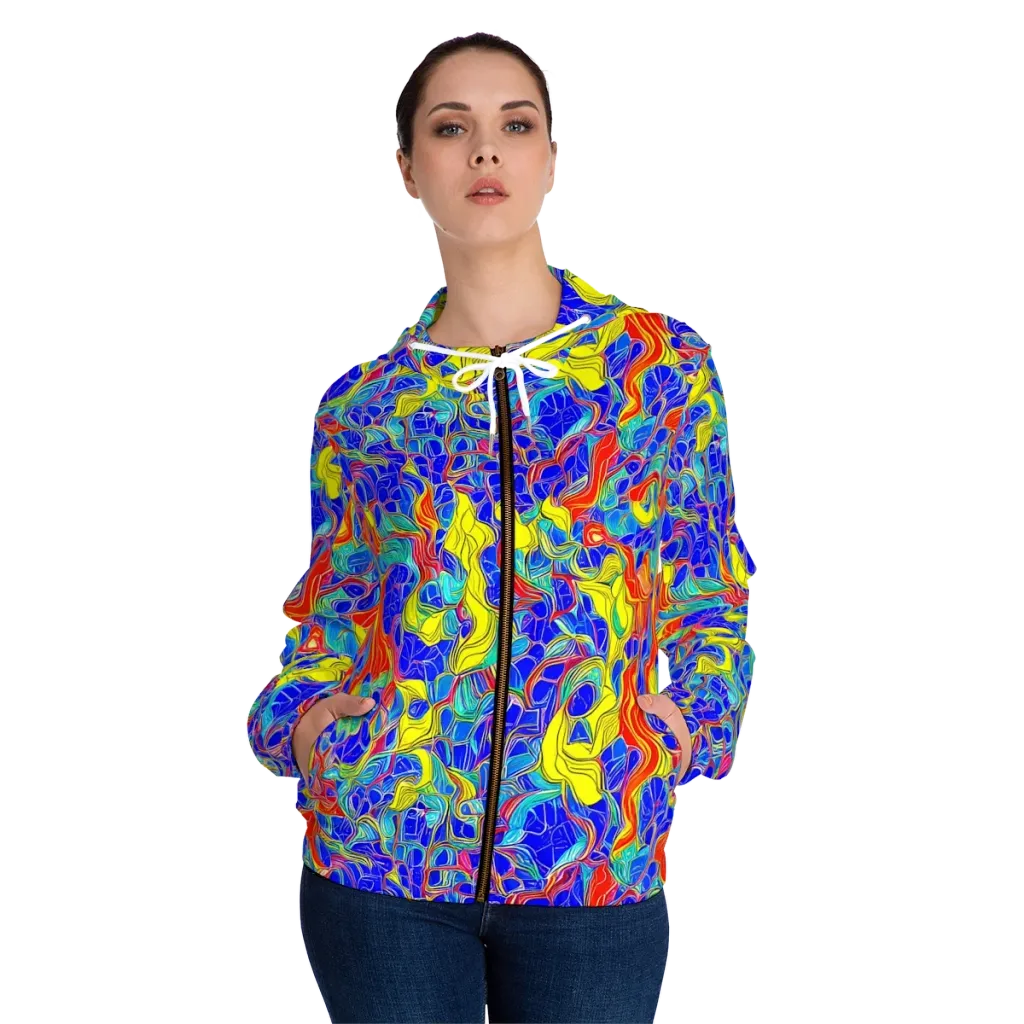 Blue Flame Maze on Women's Full-Zip Hoodie — Front On Person