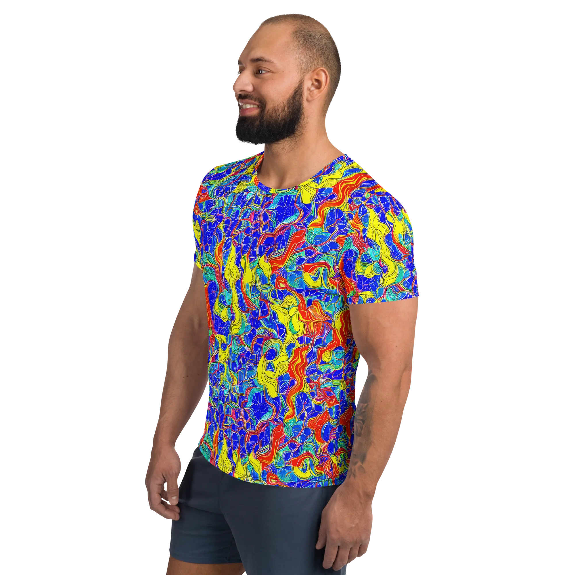 Blue Flame Maze on Men's Athletic T-Shirt — Left