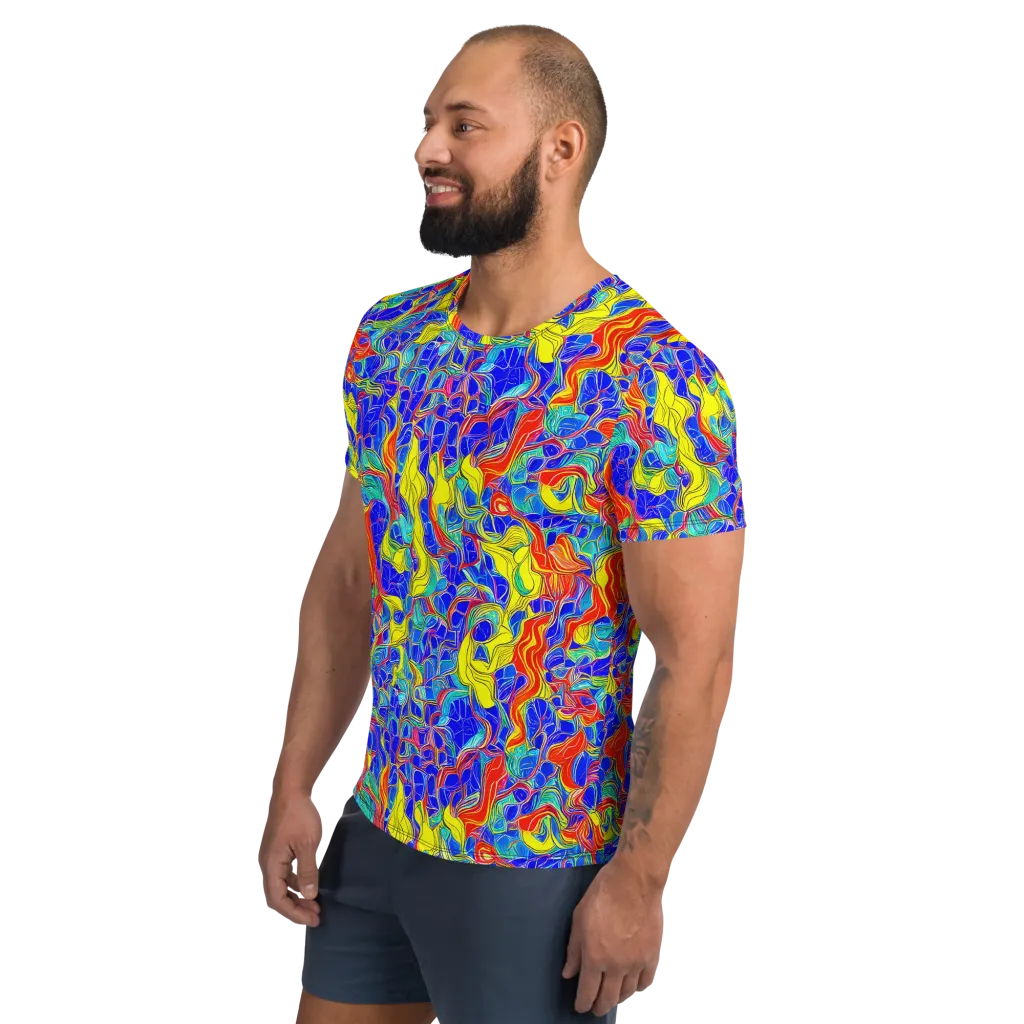 Blue Flame Maze on Men's Athletic T-Shirt — Left