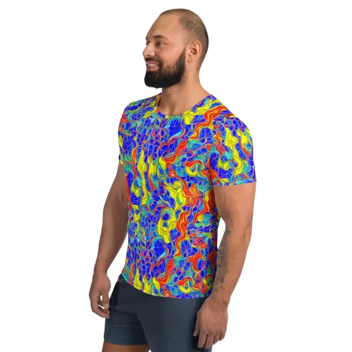 Blue Flame Maze on a Men's Athletic T-Shirt