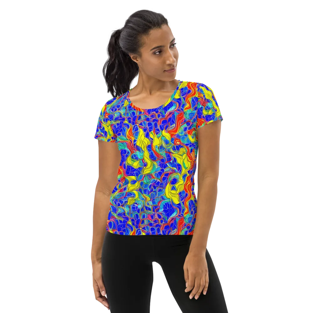 Blue Flame Maze on Women's Athletic T-Shirt — Front