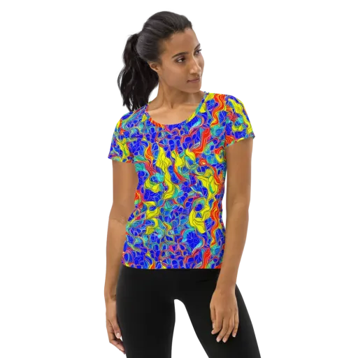 Blue Flame Maze on a Women's Athletic T-Shirt