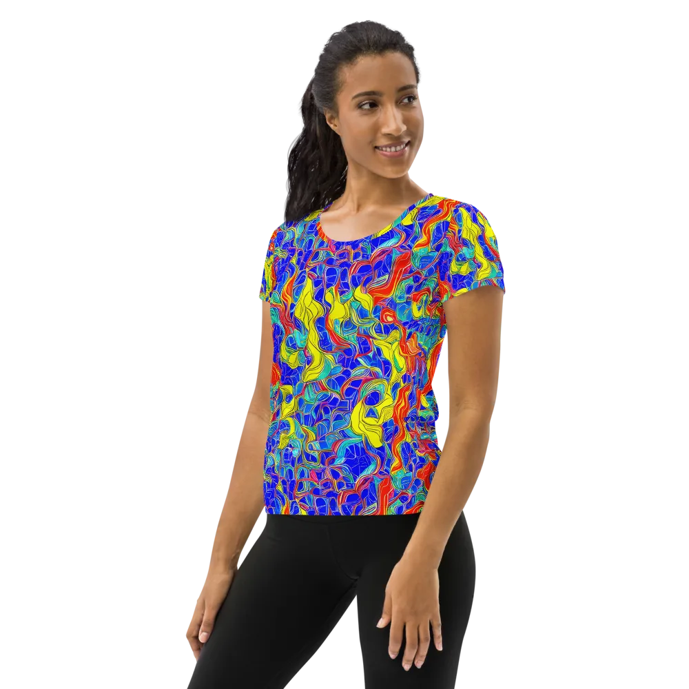 Blue Flame Maze on Women's Athletic T-Shirt — Left
