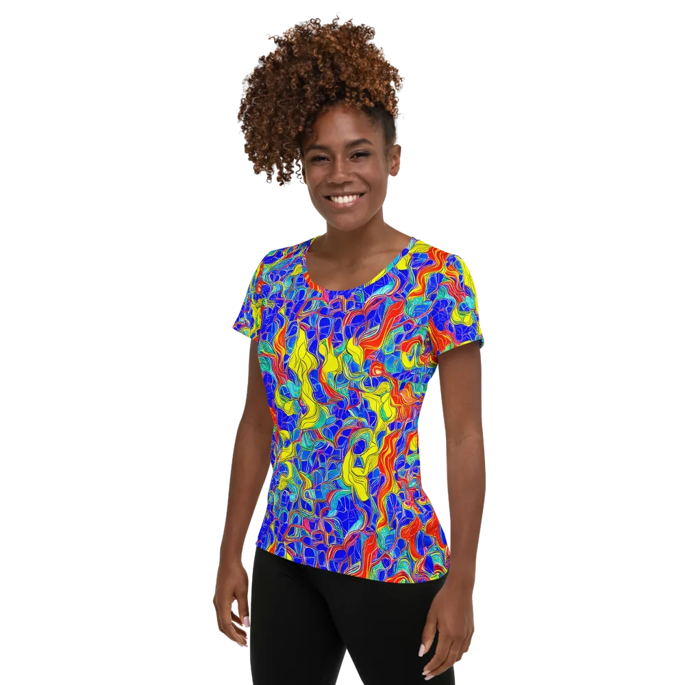 Blue Flame Maze on Women's Athletic T-Shirt — Left