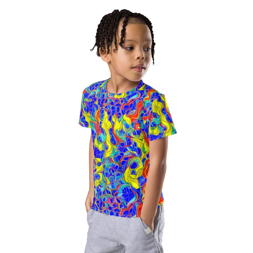 Blue Flame Maze on Kids Crew Neck T-Shirt — Left Front
