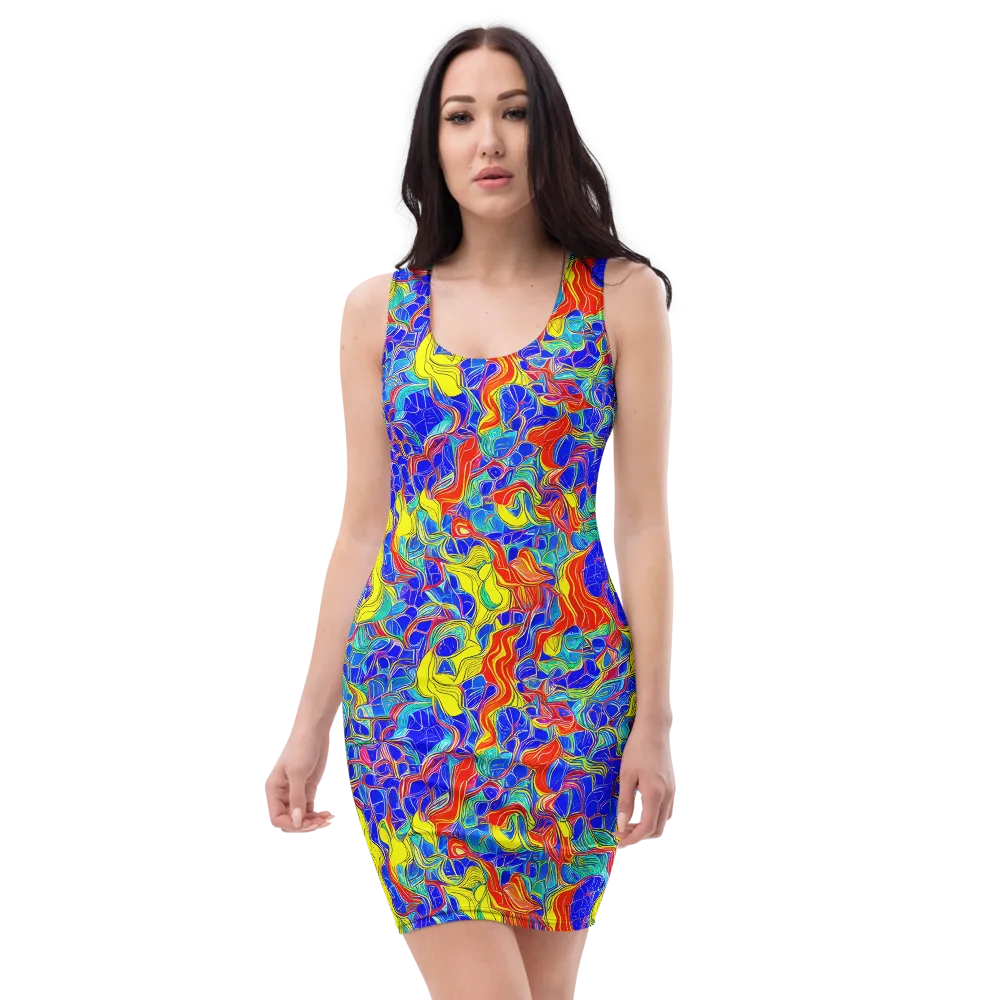 Blue Flame Maze on Bodycon Dress — Front
