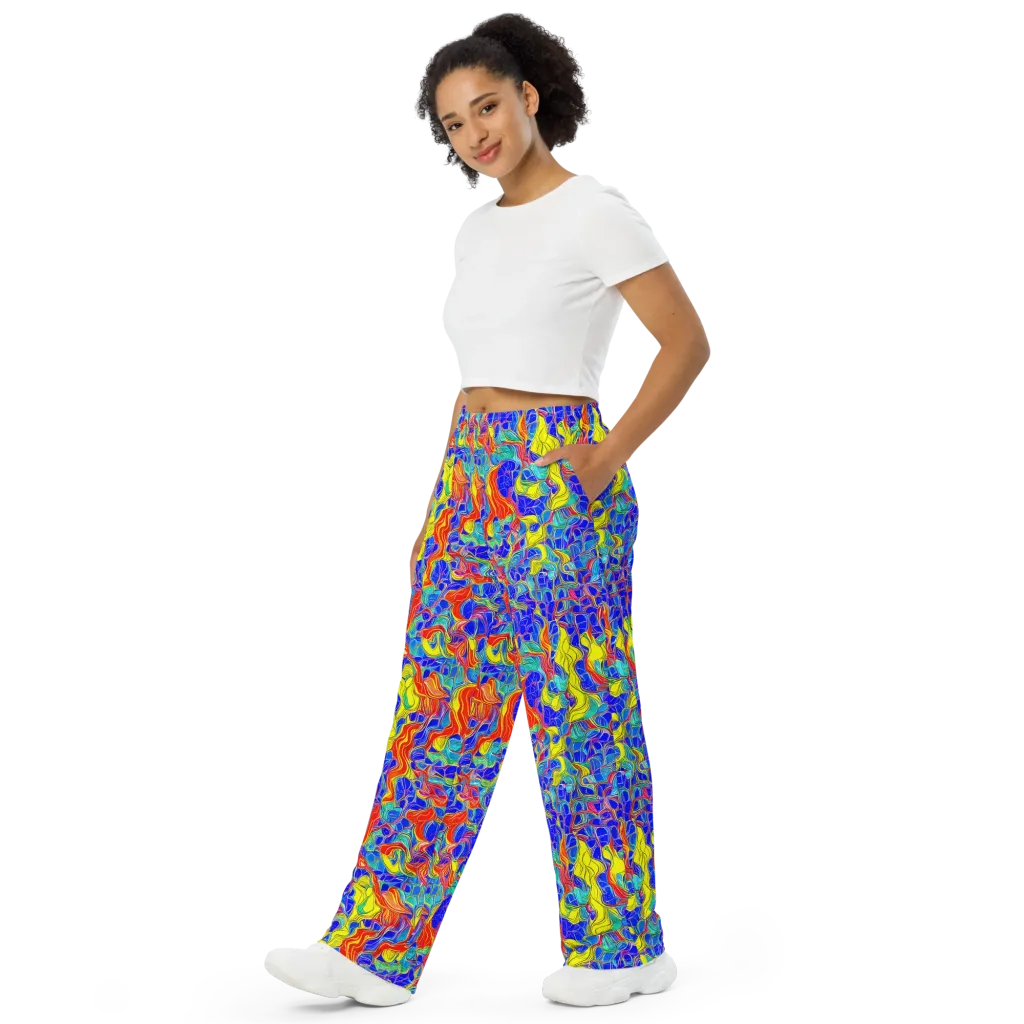 Blue Flame Maze on Wide-Leg Pants — Left Front