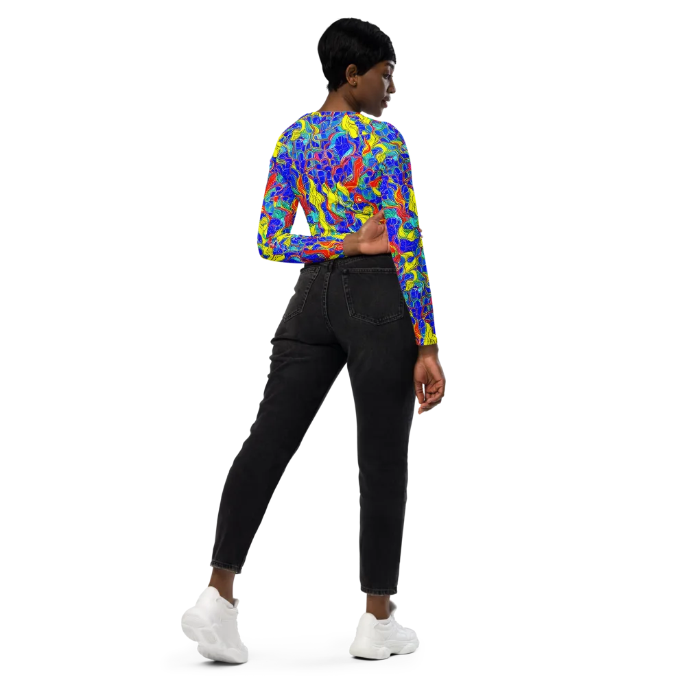 Blue Flame Maze on Long Sleeve Crop Top — Right Back