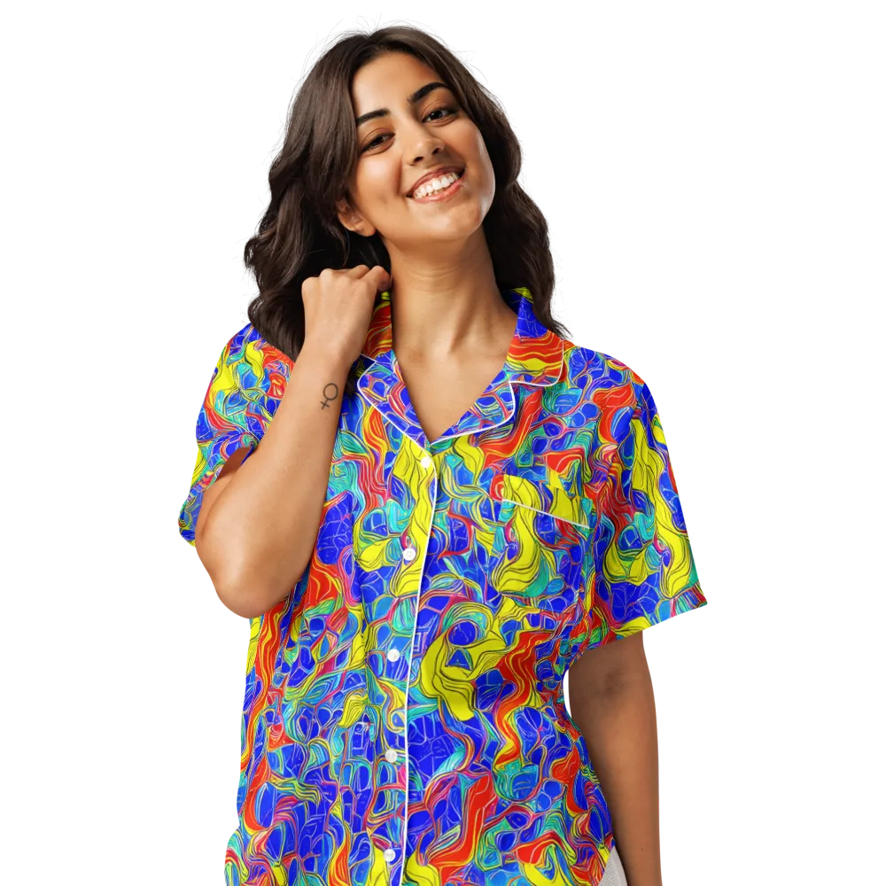 Blue Flame Maze on Women's Short Sleeve Pajama Top — Front