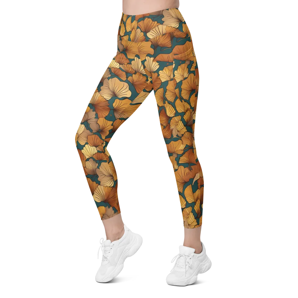 Ginkgo Ember on Leggings with Pockets — Left Front