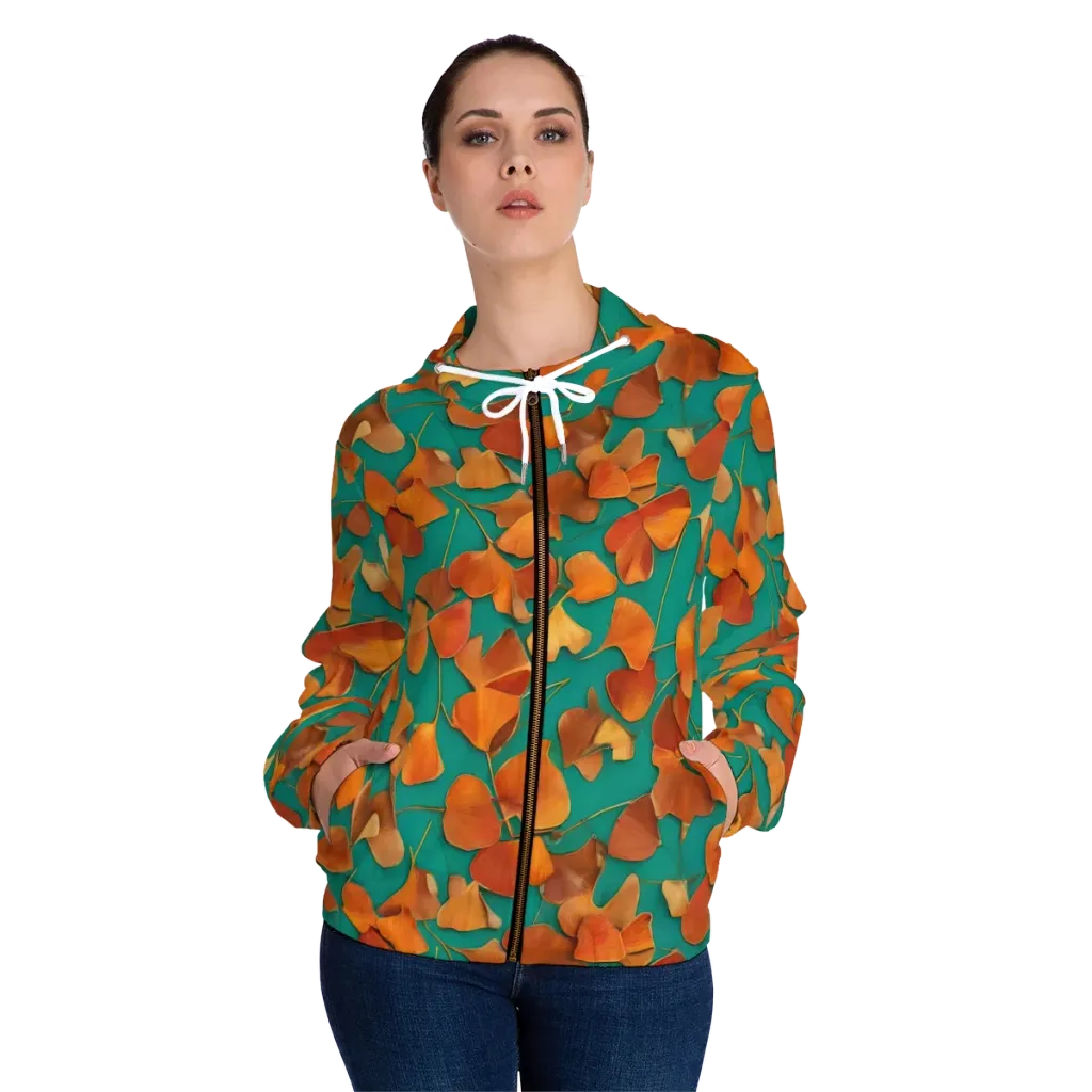 Copper Ginkgo on Women's Full-Zip Hoodie — Front On Person