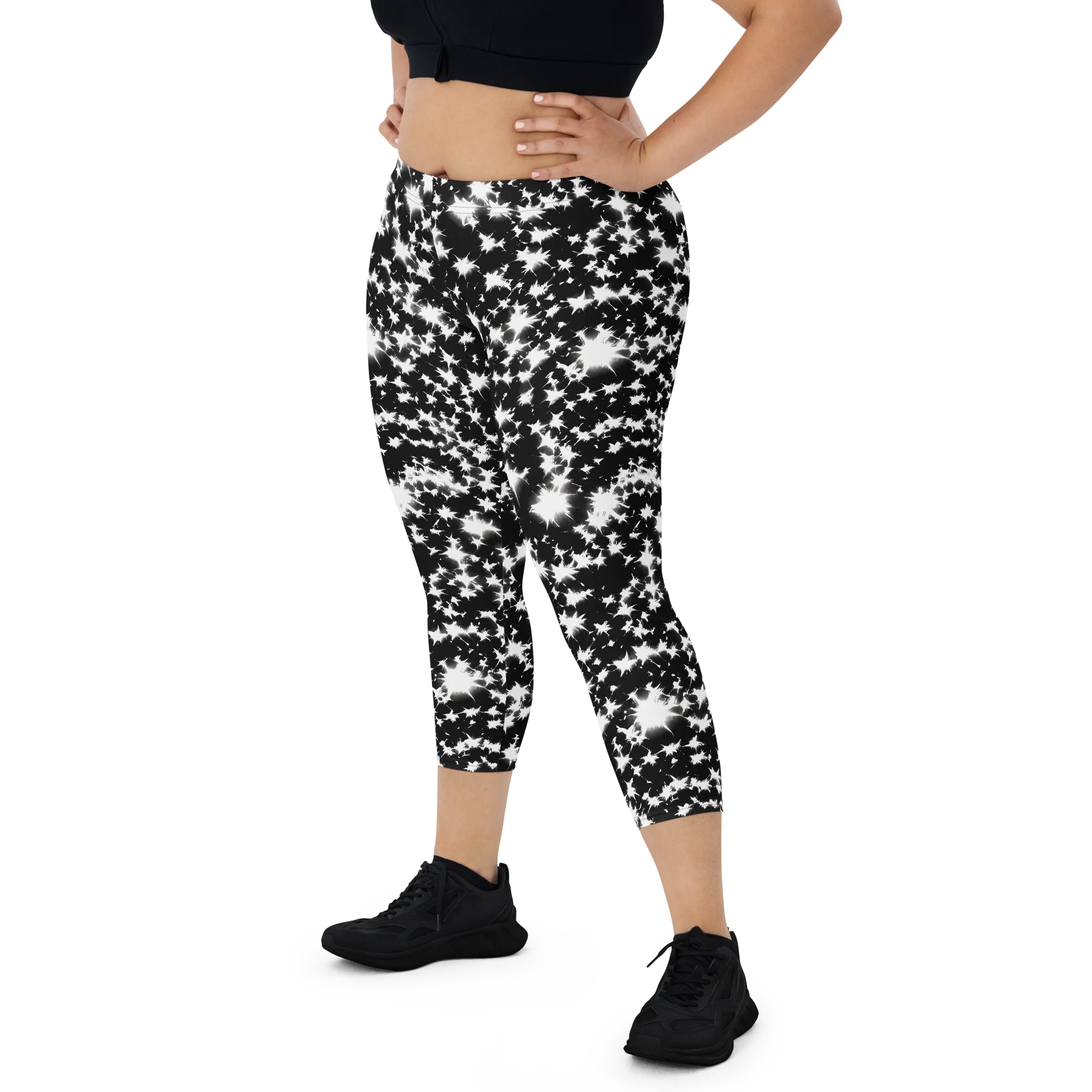 Black Starburst on Capri Leggings — Front