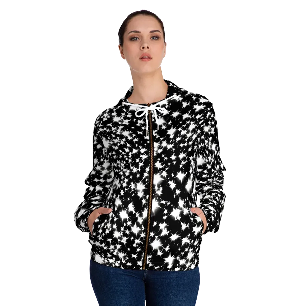 Black Starburst on Women's Full-Zip Hoodie — Front On Person