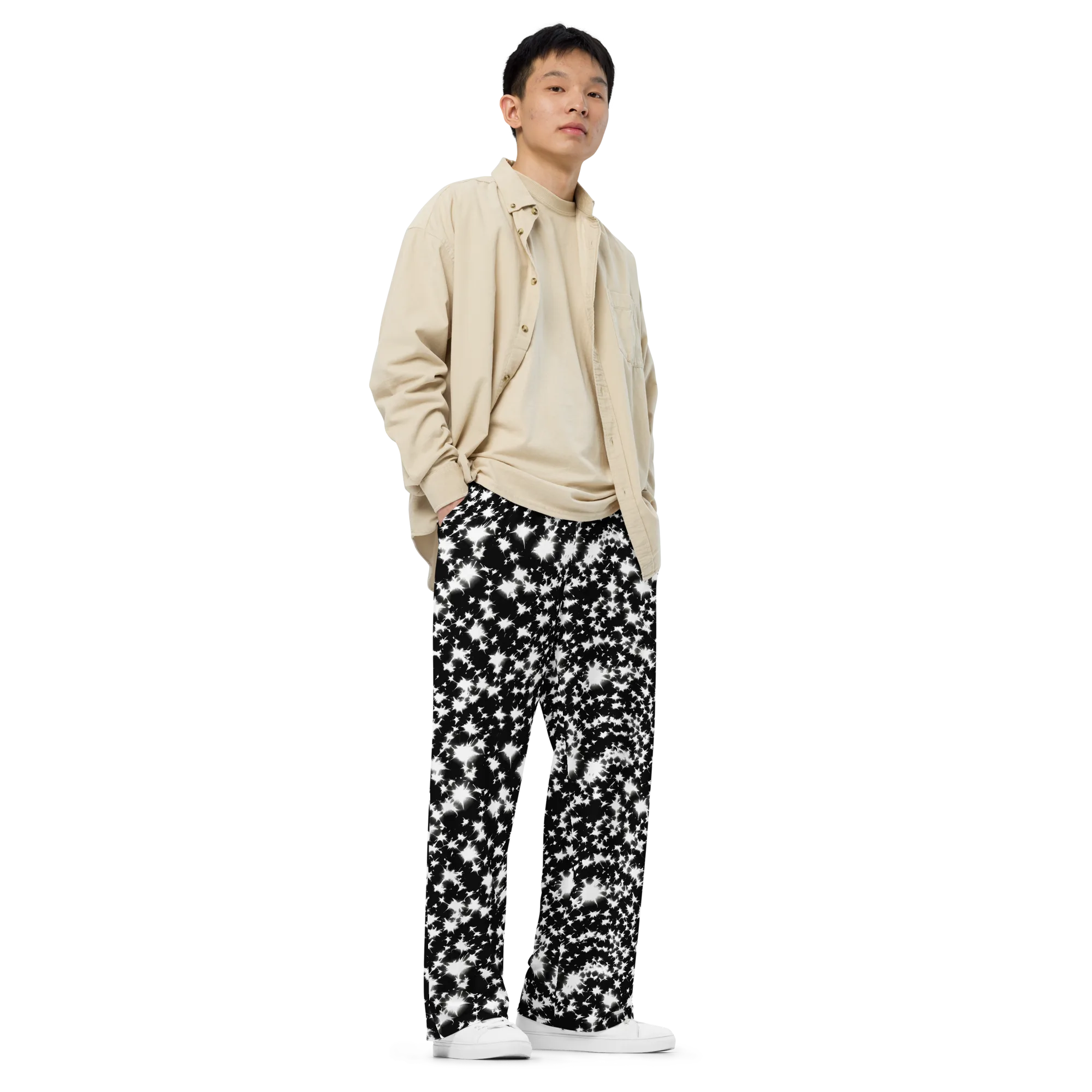 Black Starburst on Wide-Leg Pants — Right Front