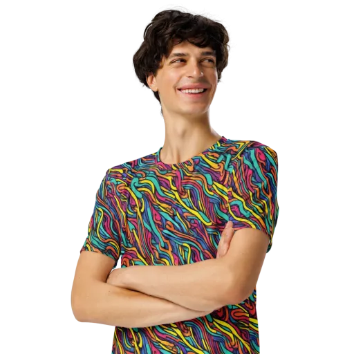 Turquoise Taffy Ribbons on a Men's Crew Neck T-Shirt