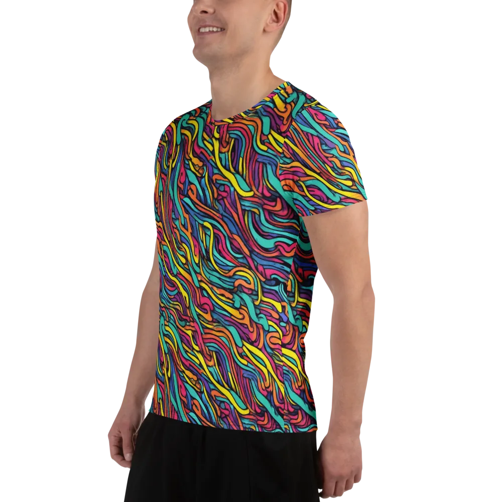 Turquoise Taffy Ribbons on Men's Athletic T-Shirt — Left