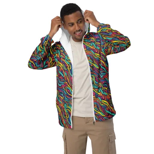 Turquoise Taffy Ribbons on a Men's Windbreaker