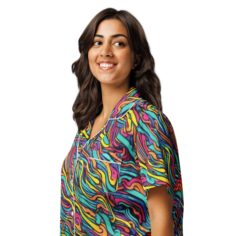 Turquoise Taffy Ribbons on Women's Short Sleeve Pajama Top — Left Front