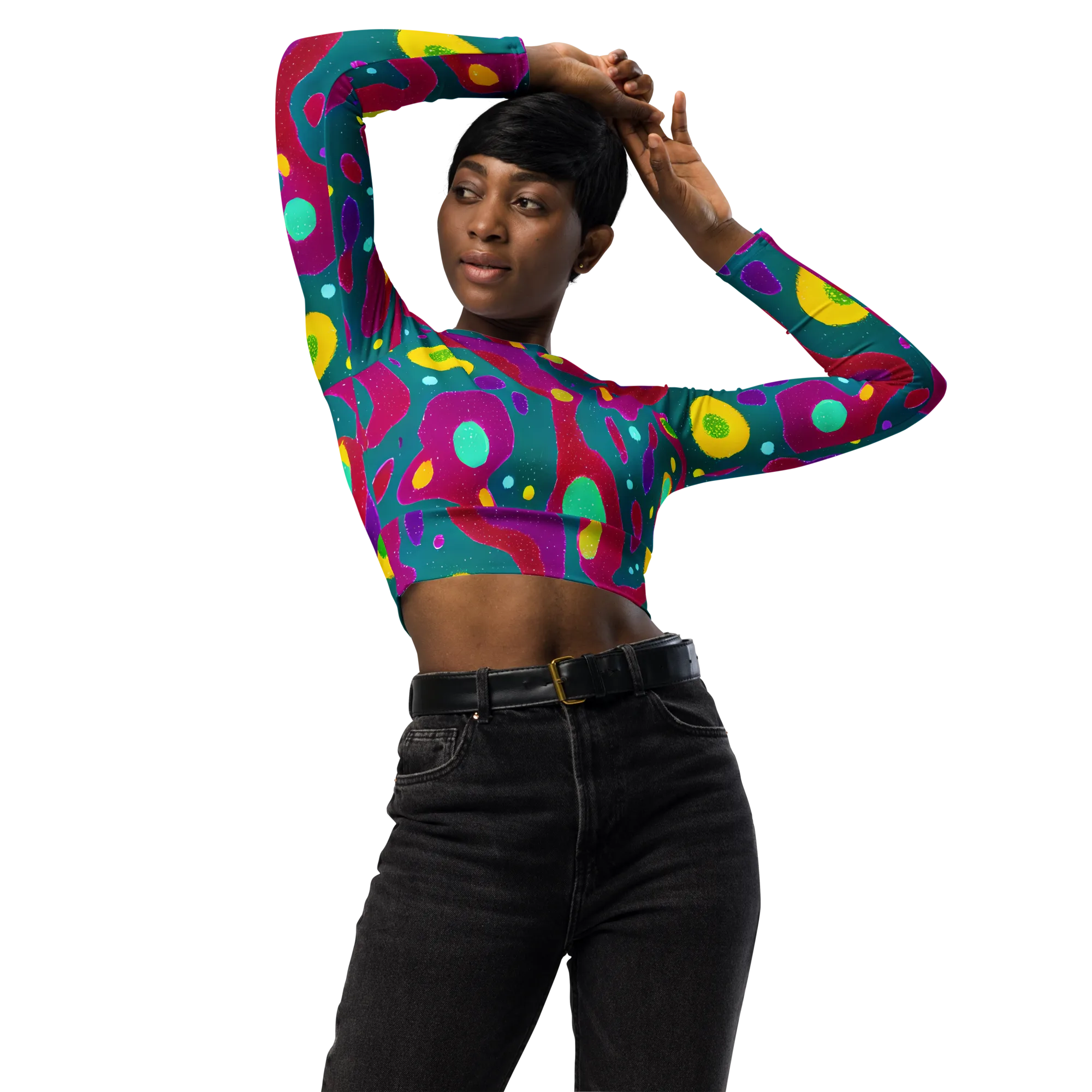 Aqua Psyche on Long Sleeve Crop Top — Front