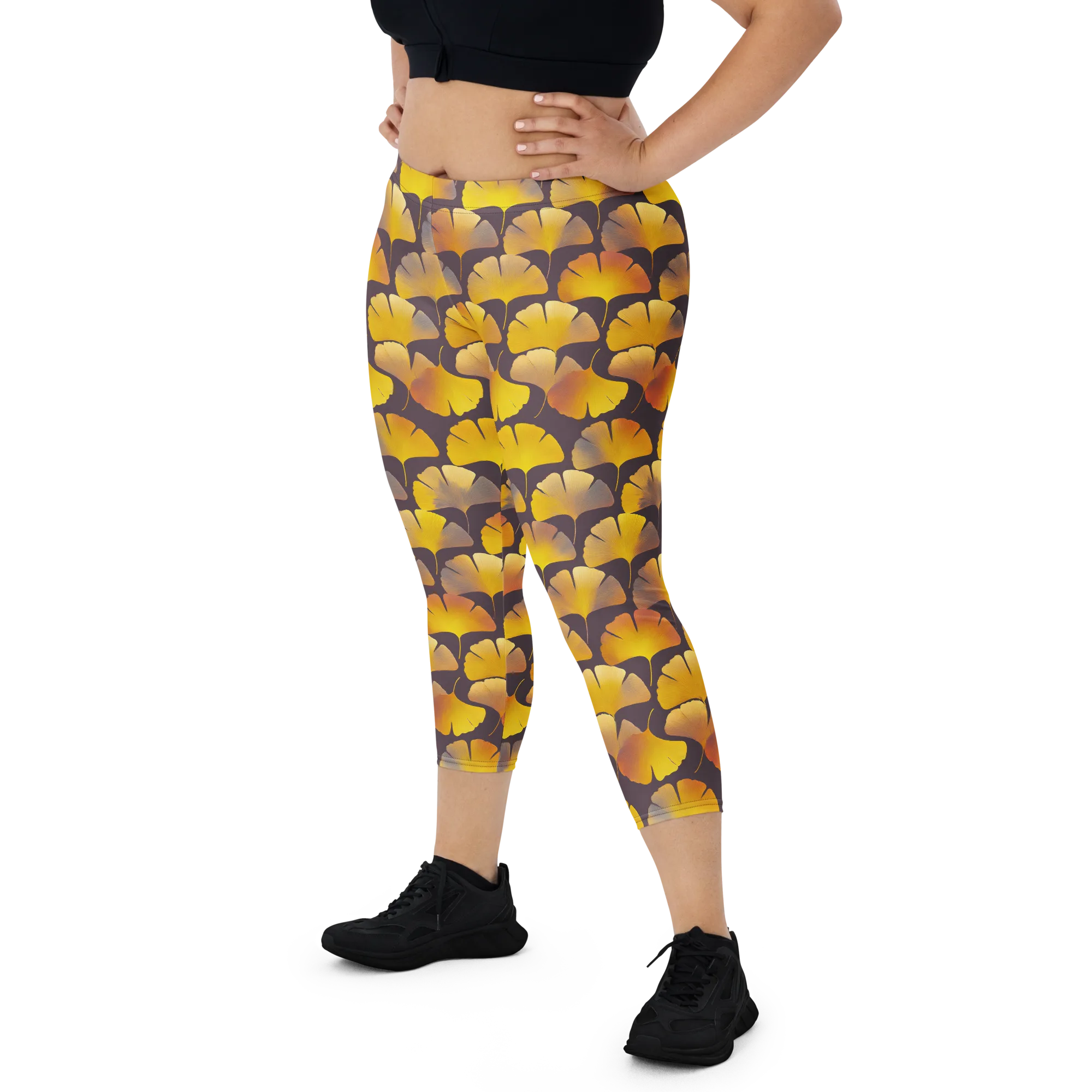 Gilded Ginkgo on Capri Leggings — Front