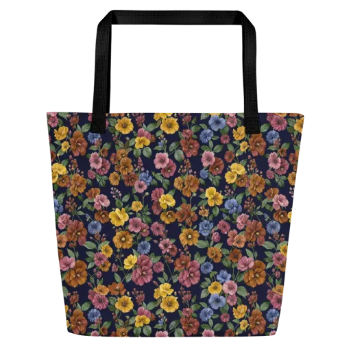 Indigo Flower Market on a Large Tote Bag W/ Pocket