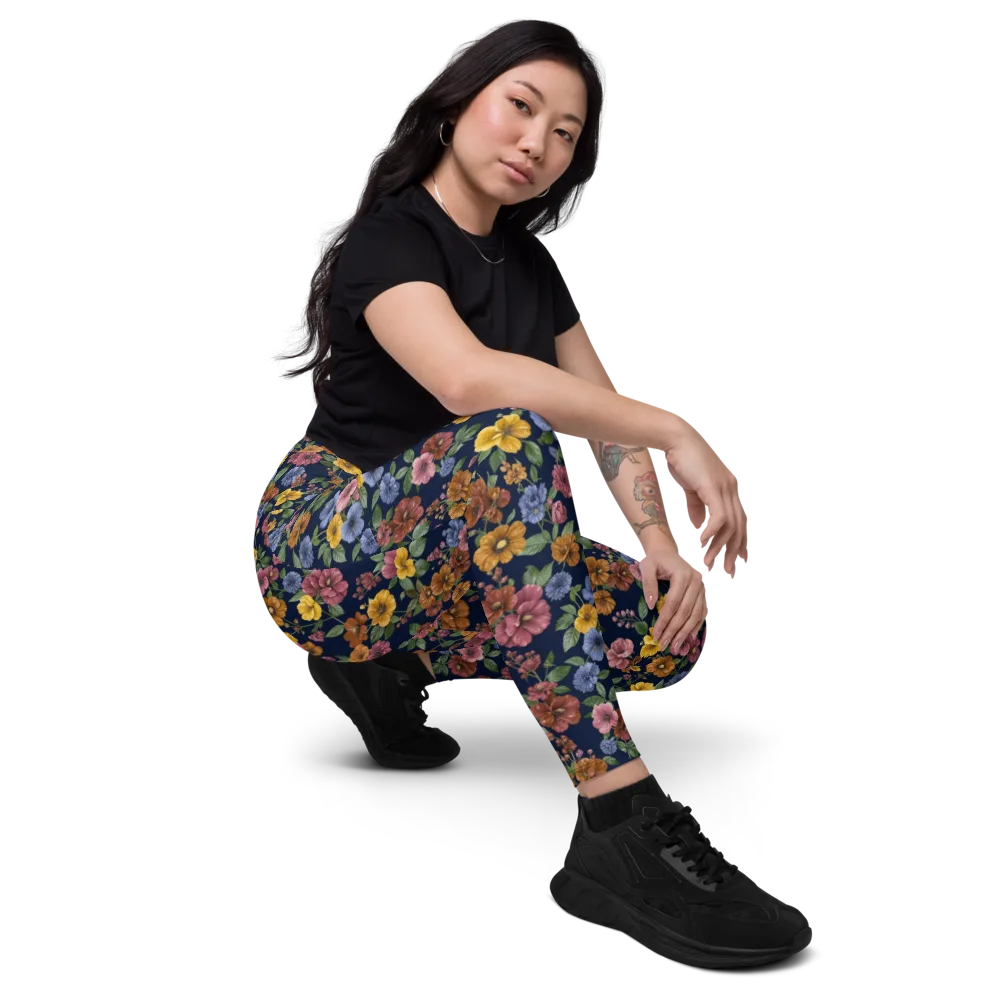 Indigo Flower Market on Leggings with Pockets — Right Front
