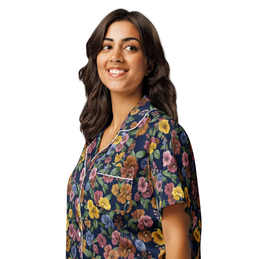 Indigo Flower Market on Women's Short Sleeve Pajama Top — Left Front
