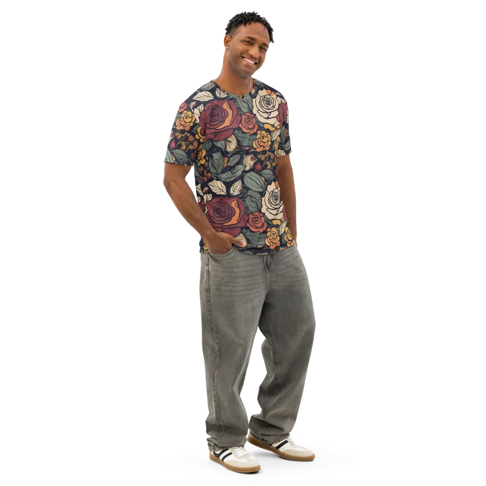 Midnight Rose Garden on Men's Cotton Crew Neck T-Shirt — Right Front