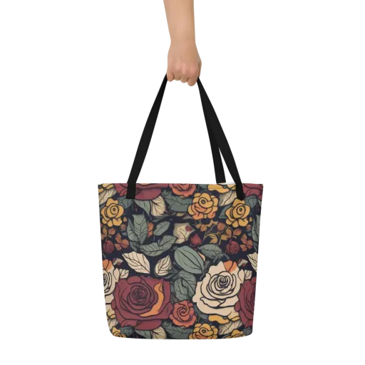 Midnight Rose Garden on a Large Tote Bag W/ Pocket