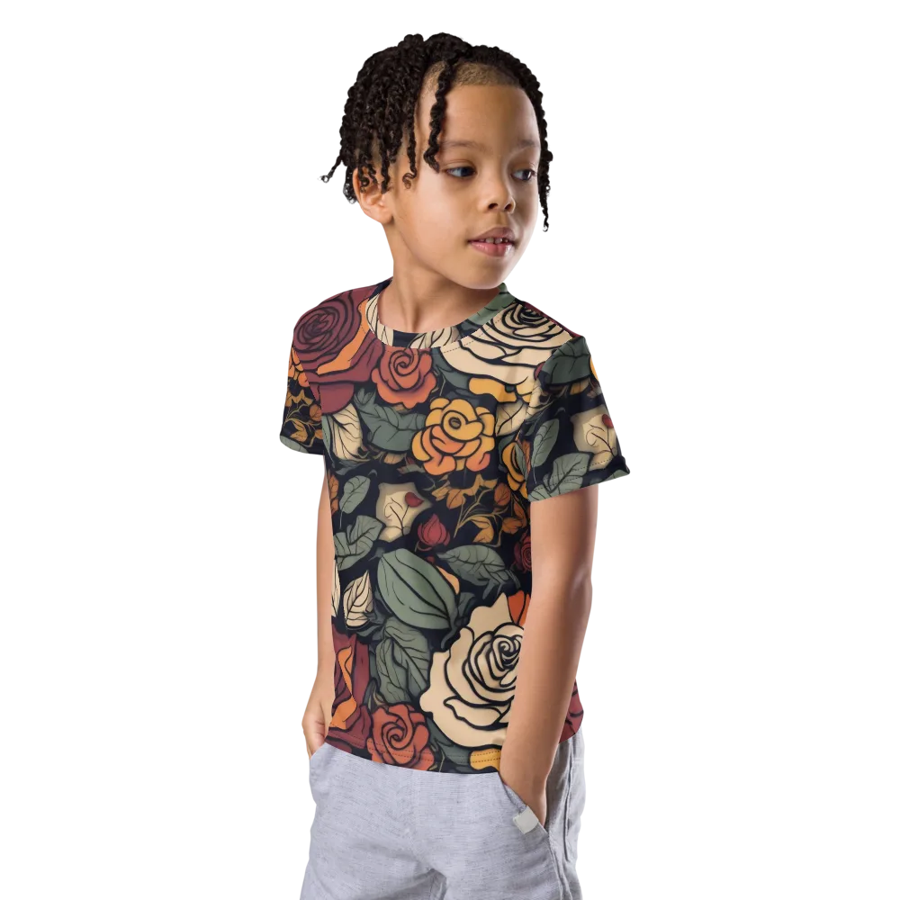 Midnight Rose Garden on Kids Crew Neck T-Shirt — Left Front