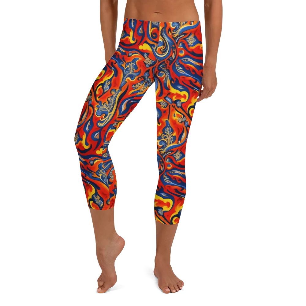 Cobalt Fire Paisley on Capri Leggings — Front