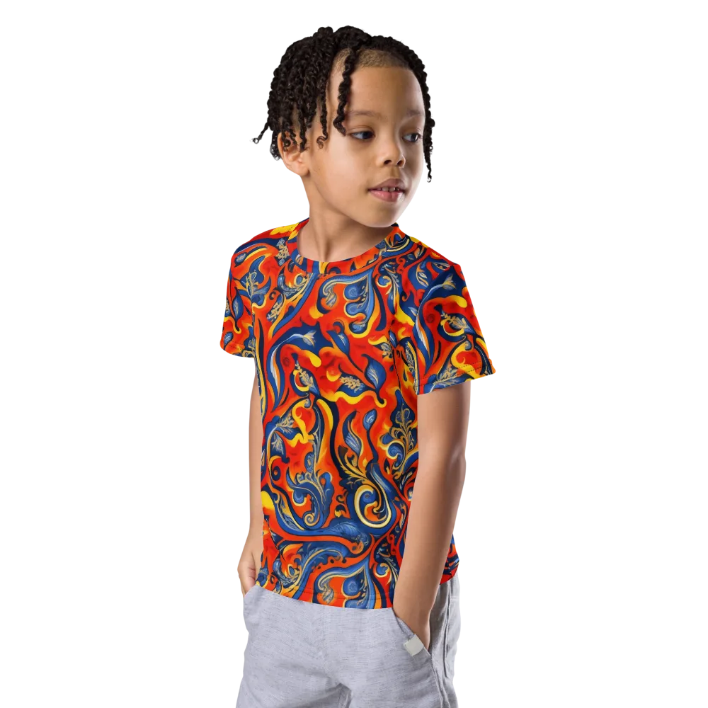 Cobalt Fire Paisley on Kids Crew Neck T-Shirt — Left Front