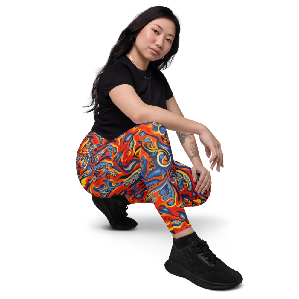 Cobalt Fire Paisley on Leggings with Pockets — Right Front