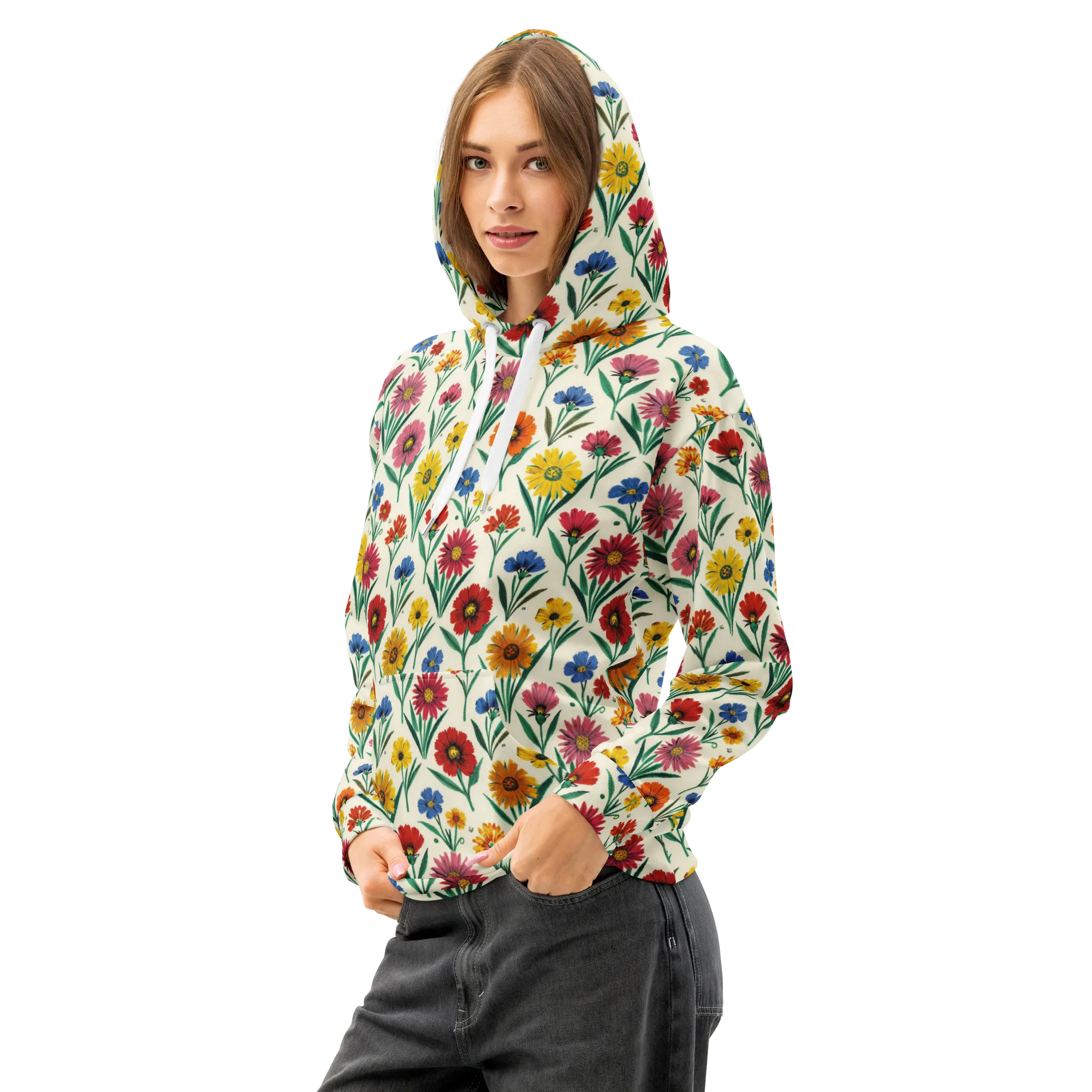 Meadow Mosaic on Cotton Hoodie — Left Front